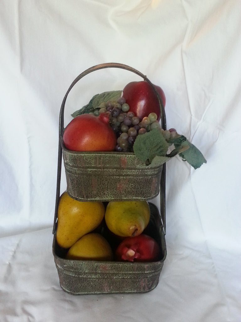 Rustic Farmhouse 2 Tier Square Garden Fruit Basket Kitchen Bath Handled Storage Tote
