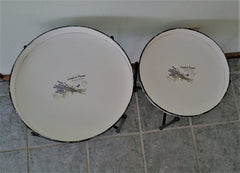 French Country Provence Lavender Enamel Round Tray Tables, Set of 2