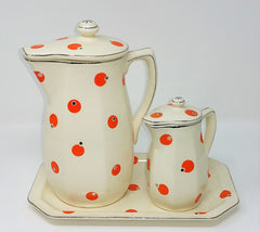 Rare Vintage Platinum Rimmed Made In Japan Pottery Waffle, Syrup Pitcher Breakfast Set