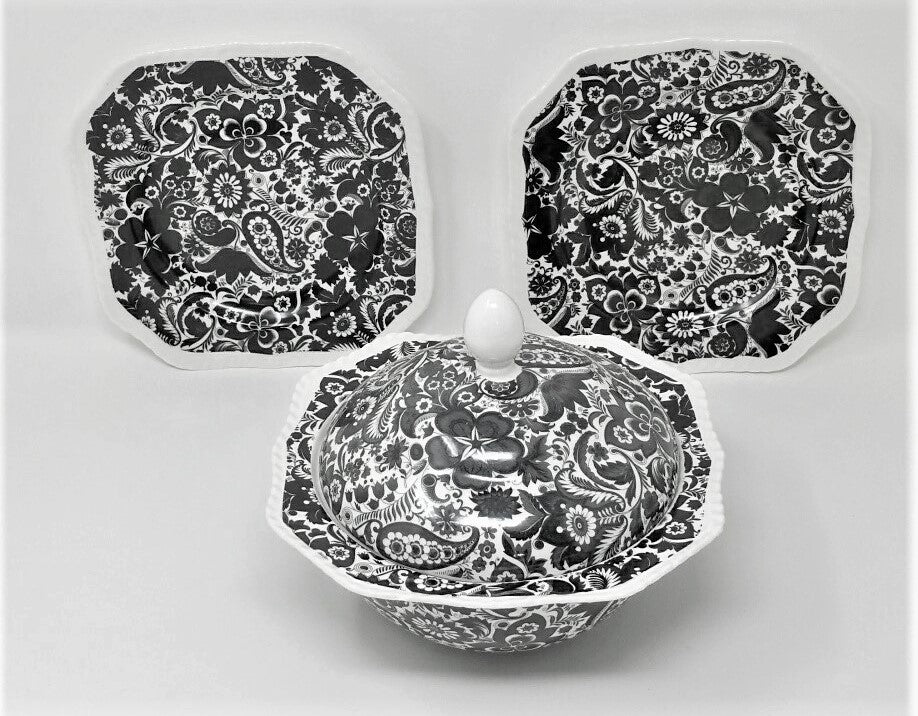 Black Paisley Toile China - Covered Serving Bowl and Two Plates