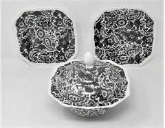 Black Paisley Toile China - Covered Serving Bowl and Two Plates