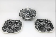 Black Paisley Toile China - Covered Serving Bowl and Two Plates