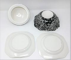 Black Paisley Toile China - Covered Serving Bowl and Two Plates