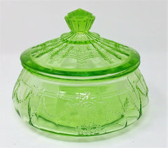 Hocking Glass CAMEO & BALLERINA Green Depression Glass Low Candy Dish with Lid