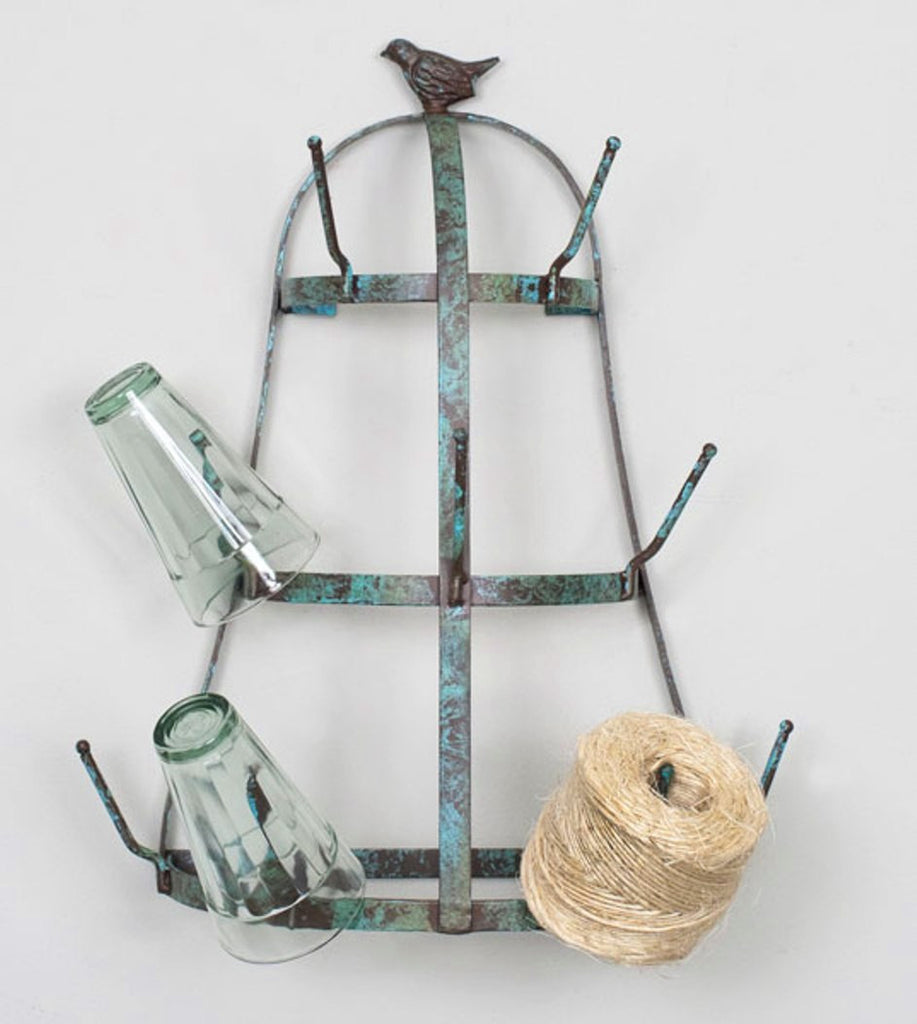Small Rustic French Farmhouse Weathered Blue Bird Wall Mounted Glass, Cup & Mug Drying Tree Rack