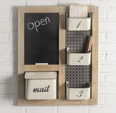 Large Rustic Modern Loft Chalkboard Organizer with Pegboard and 4 Metal Bins