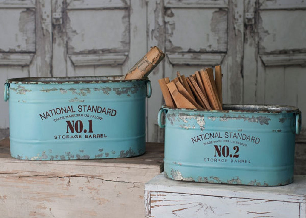 Set/2 Rustic Industrial Oval Aqua National Standard Nos. 1 and 2 Storage Barrel Buckets