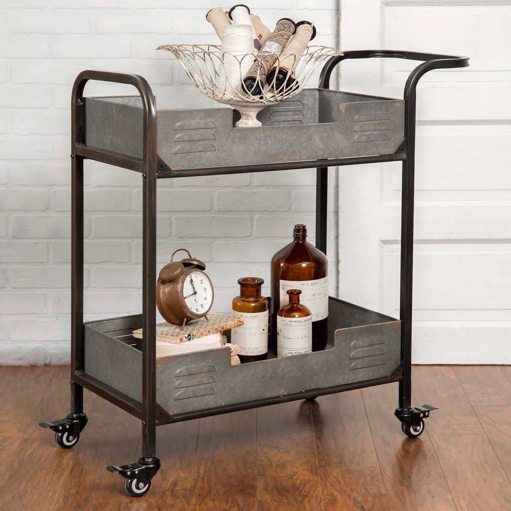 Industrial Loft Iron and Galvanized Metal 2-Tier Rolling Server Bar Cart