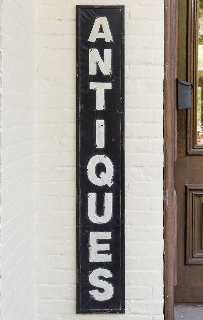 Huge 60" Vintage Industrial Inspired Embossed Metal ANTIQUES Sign