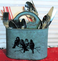 Sweet Aqua Songbirds 3-Section Flatware, Napkin Caddy