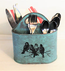 Sweet Aqua Songbirds 3-Section Flatware, Napkin Caddy