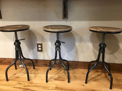Rustic Industrial Adjustable Height Metal Stool, Solid Wood Top