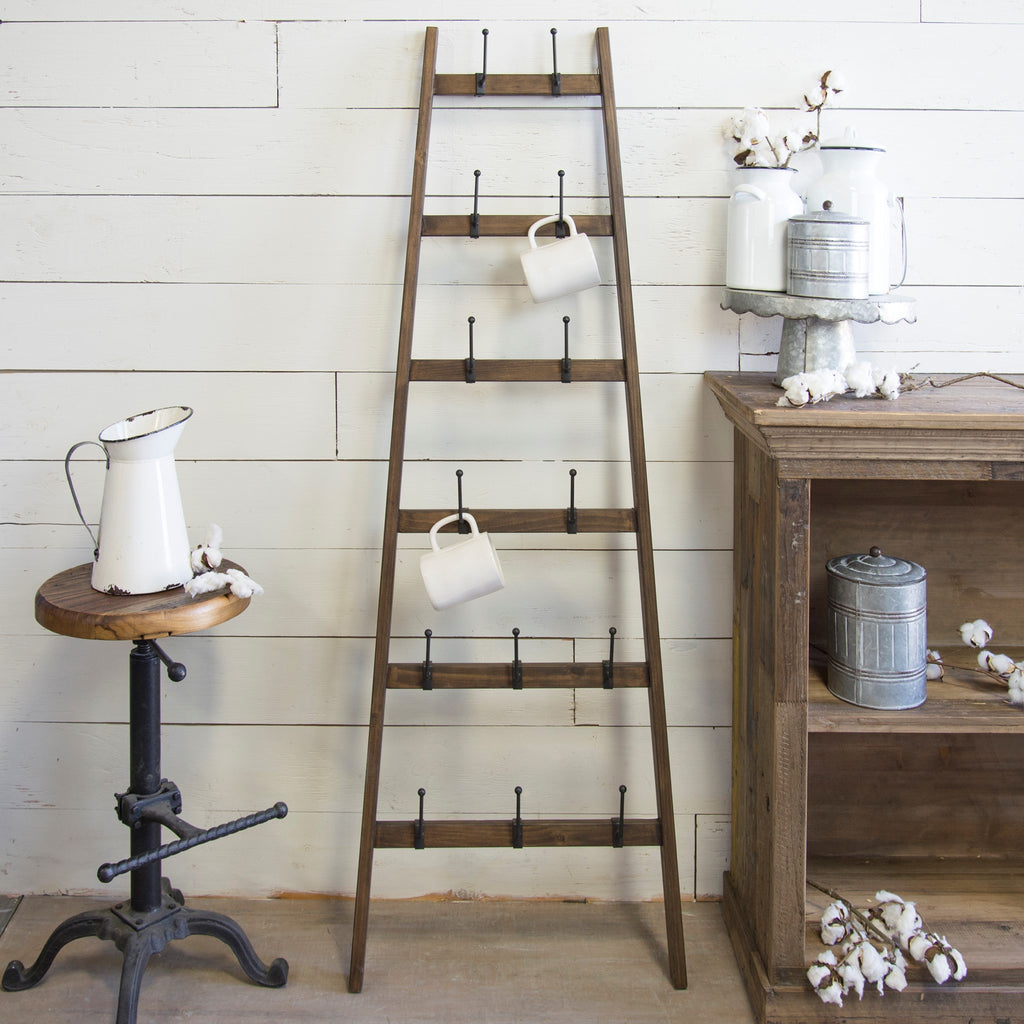 Wood & Iron Farmhouse Ladder Bottle Dryer Mug Display Rack