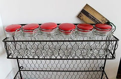 Glory & Grace Wall or Counter Kitchen Wire Spice Rack w 12 Aqua and Red Jars