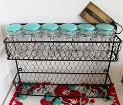 Glory & Grace Wall or Counter Kitchen Wire Spice Rack w 12 Aqua and Red Jars