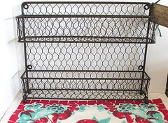 Glory & Grace Wall or Counter Kitchen Wire Spice Rack w 12 Aqua and Red Jars