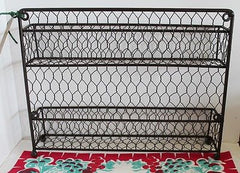Glory & Grace Wall or Counter Kitchen Wire Spice Rack w 12 Aqua and Red Jars