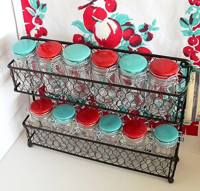 Glory & Grace Wall or Counter Kitchen Wire Spice Rack w 12 Aqua and Red Jars