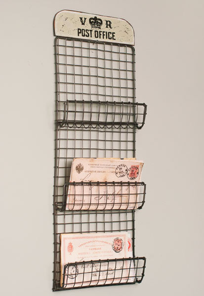 Rustic English Crown V R Post Office Wall Mount 3 Section Mail Sorter, Aged Nickel Finish