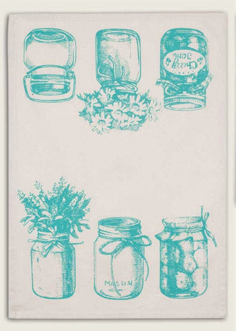 Aqua Mason Jars Feedsack Cotton Kitchen Tea Towels, Set of Two