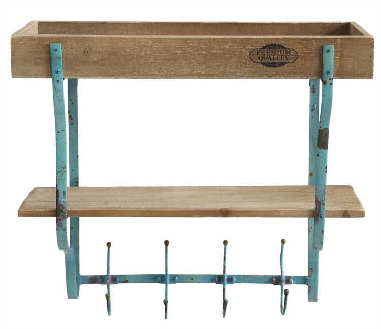 Large Aqua Iron and Wood Double Shelf w/ 4 Hooks