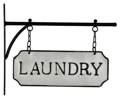 Hanging Rustic Industrial LAUNDRY Embossed Enamel Metal Sign with Bracket