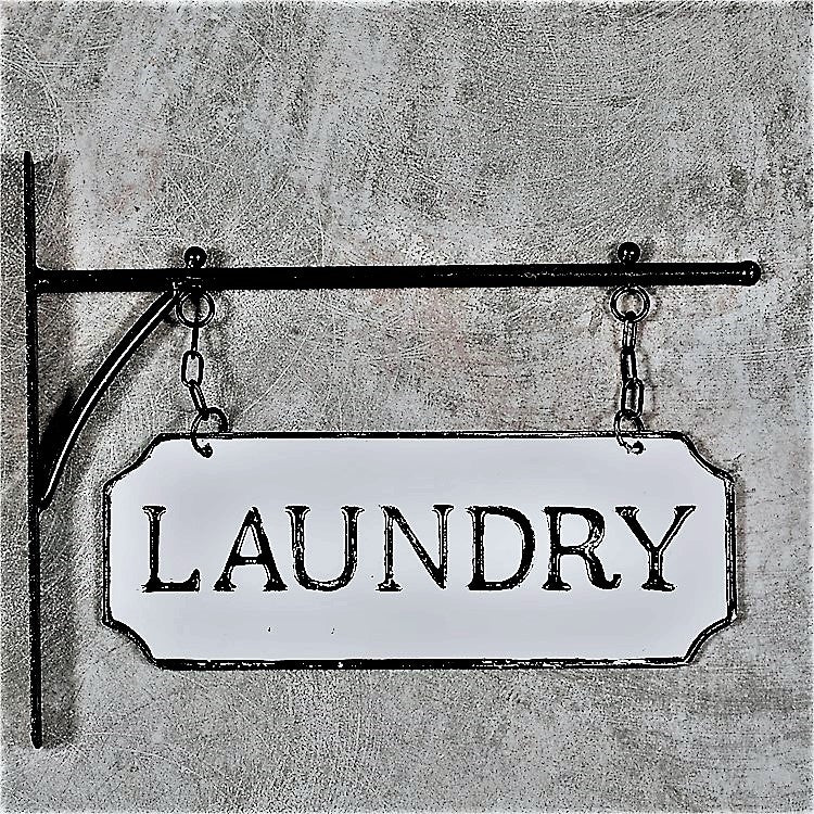Hanging Rustic Industrial LAUNDRY Embossed Enamel Metal Sign with Bracket
