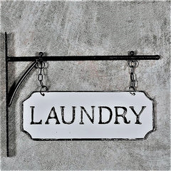 Hanging Rustic Industrial LAUNDRY Embossed Enamel Metal Sign with Bracket