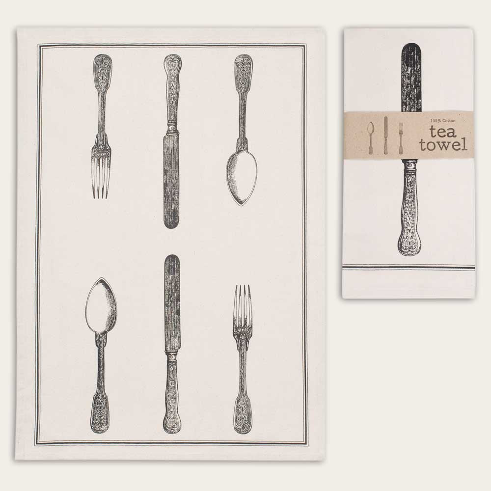 Vintage Silverware Feedsack 100% Cotton Kitchen Tea Towels, Set of Two