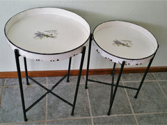 French Country Provence Lavender Enamel Round Tray Tables, Set of 2