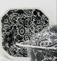 Black Paisley Toile China - Covered Serving Bowl and Two Plates