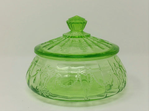 Hocking Glass CAMEO & BALLERINA Green Depression Glass Low Candy Dish with Lid