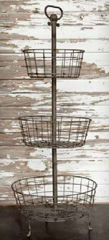 Farmhouse Kitchen Weathered Tin 3-Tier Wire Basket Stand