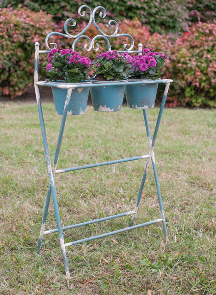 Rustic Blue French Garden Filigree Iron Plant Stand with 3 Pots