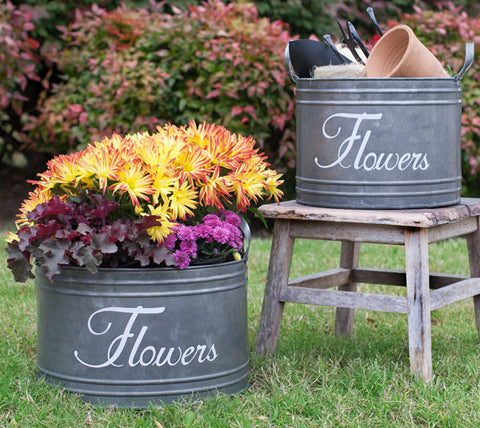 Set of Two Rustic French Garden FLOWERS Galvanized Bins