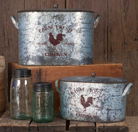 Rustic American Farmhouse Farm Fresh Chicken Bucket Bins, Nesting Set of Two With Lids