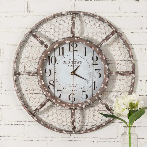 Rustic Farmhouse Whitewashed Chicken Wire Wall Clock