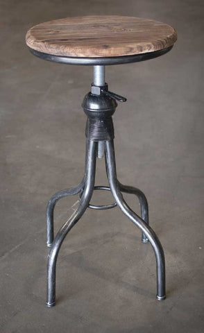 Rustic Industrial Adjustable Height Metal Stool, Solid Wood Top