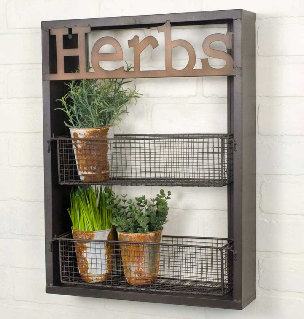 Rustic Garden Laser-Cut Metal Two-Tier HERBS Rack with Removable Baskets