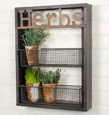Rustic Garden Laser-Cut Metal Two-Tier HERBS Rack with Removable Baskets