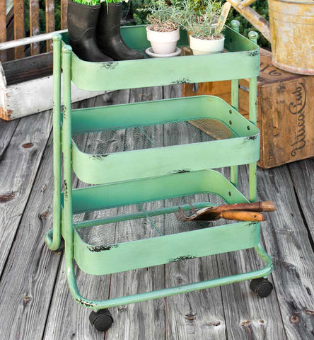 SALE!  Vintage Inspired Green Iron and Metal 3-Tier Rolling Cart