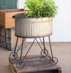 Rustic Farmhouse Galvanized Planter Tub on Rolling Stand