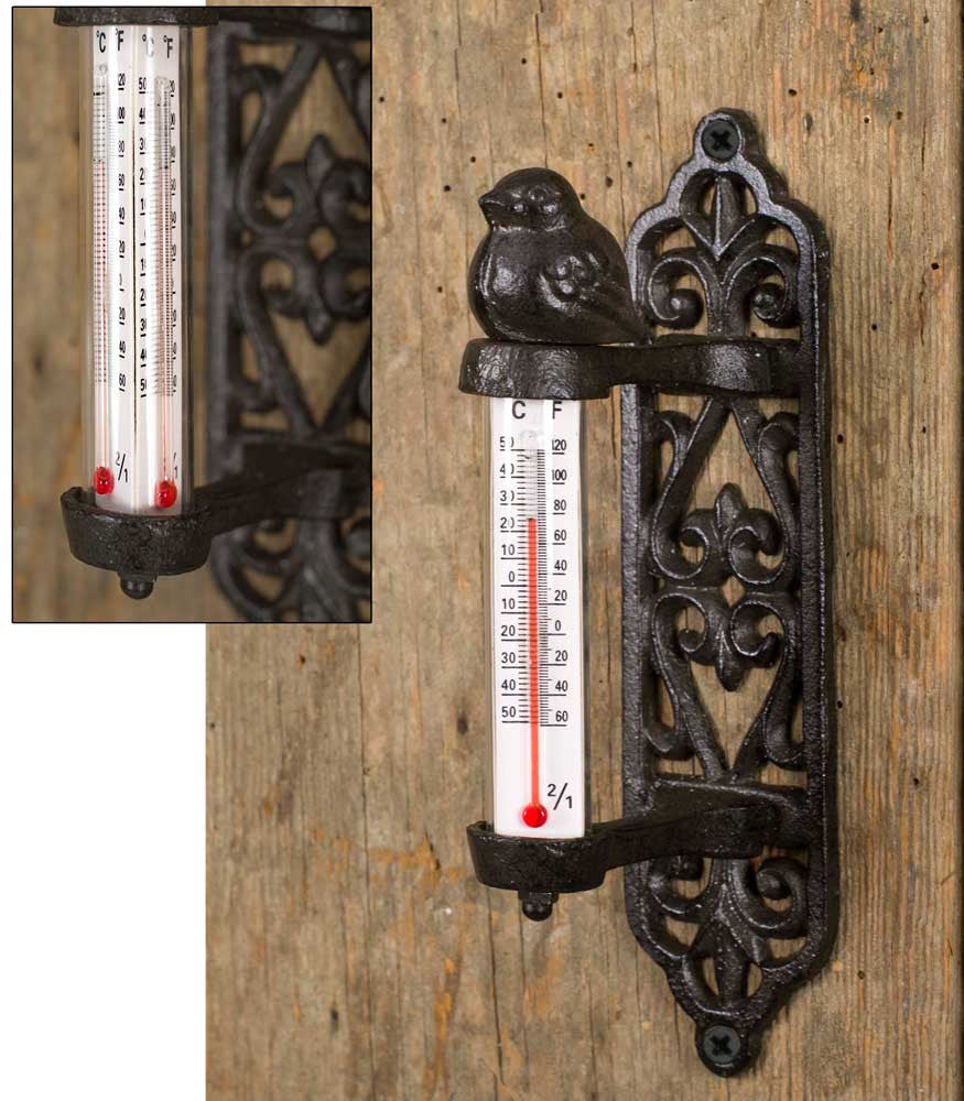 Cast Iron and Glass Song Bird 3 sided Thermometer