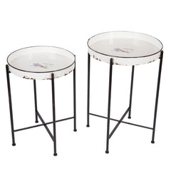 French Country Provence Lavender Enamel Round Tray Tables, Set of 2