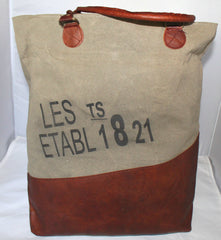 Rustic French Les Etab 1821 Natural Canvas Tote Bag, Leather Drop Handles