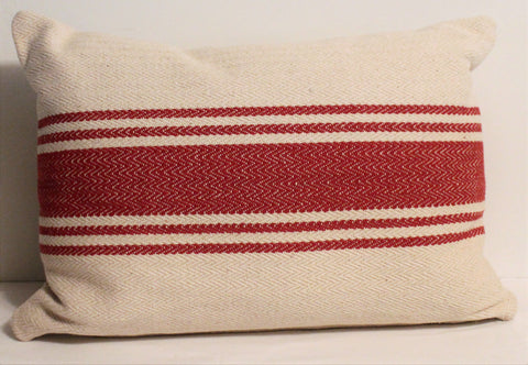 French Farmhouse Red Woven Stripe Canvas Throw Pillow