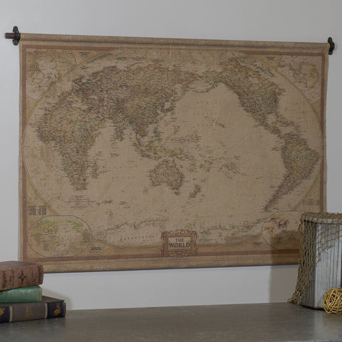 Large Cotton Canvas & Iron Bars Map of The World Wall Map