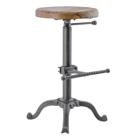 Industrial Cast Iron and Solid Wood Adjustable Counter / Bar Stool with Footrest