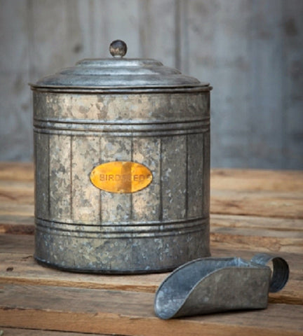 Rustic Farmhouse Galvanized Metal Bird Seed Canister with Scoop